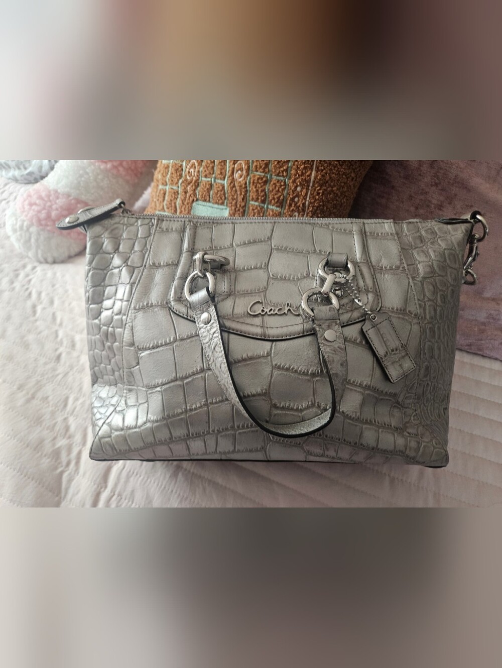 Coach Silver Croc-Embossed Leather Satchel - Picture 6 of 6